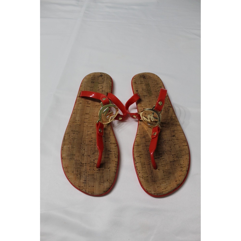 Michael Kors Red Jelly Cork‎ Footbed Thong Sandals Gold MK Logo Women Size 8M